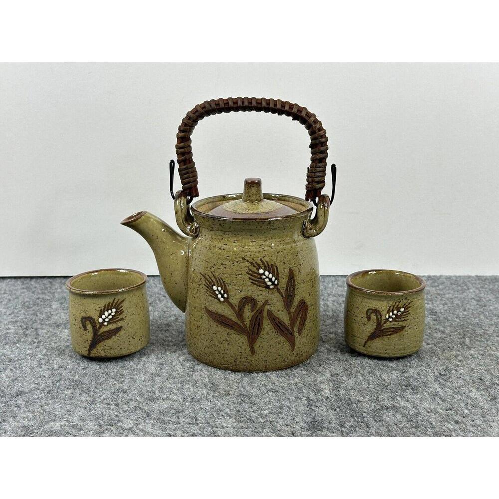 Vintage Otagiri Teapot W/2 Cups Tea Speckled Stoneware Wheat Original Rattan